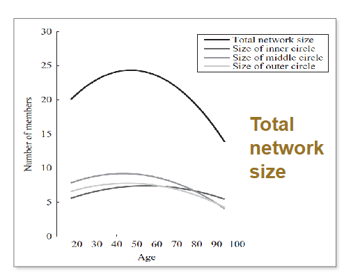 <p>Selective narrowing of social networks. </p><ul><li><p>Size of inner circle remains the same</p></li><li><p>Fewer relationships with people of outer circle → if they no longer lead to positive emotions = drop them</p></li><li><p>Emotional well-being goes up as networks are narrowed</p></li></ul><p>• 10-year sequential design, 3 time-points</p><p>• T1: N = 184, 54% female, 18-94 years old</p>