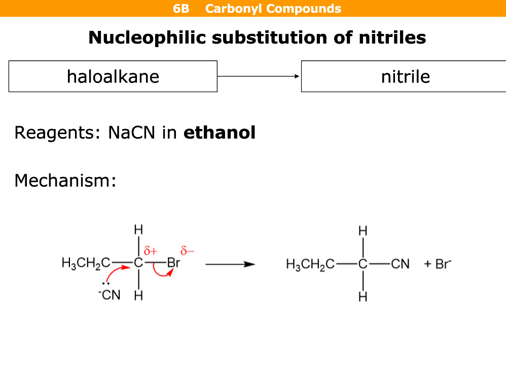 <p>Haloalkane turns into nitrile </p><p>Reagent = NaCN in ethanol </p>
