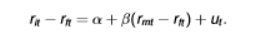 <ul><li><p>we use the linear regression model</p></li><li><p>the disturbance term ut captures additional movements in the dependent variable not predicted by CAPM</p></li><li><p>if we did not include this, we would assume the regression is perfect; no unobservables at all</p></li><li><p>we assume zero conditional mean, that is E[ut Irmt - rft] = 0 (we have removed the market factor already)</p></li><li><p>we prefer a positive alpha (we want to earn that little bit extra compared to the market</p></li><li><p>two unknowns:</p></li><li><p>the intercept parameter a captures the average abnormal returns to the asset given the relative risks</p></li><li><p>the slope parameters B corresponds to the asset’s beta-risk</p></li><li><p>rit - rft = the excess return on asset (dependent variable)</p></li><li><p>a = captures the abnormal return to the asset over and above the asset’s exposure to the excess return on the market</p></li><li><p>if a&gt;0, the asset earns higher (abnormal) returns in excess of the return predicted by CAPM </p></li><li><p>if a&lt;0, the asset earns lower (abnormal) returns in excess of the return predicted by CAPM</p></li><li><p>b = beta risk</p></li><li><p>rmt - rft = excess return on market (explanatory variable)</p></li><li><p>ut = captures additional movements in the dependent variable not captured by CAPM</p></li></ul><p></p>