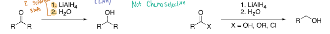 <p>extremely reactive, most carbonyl compounds are reduced to alcohols</p>