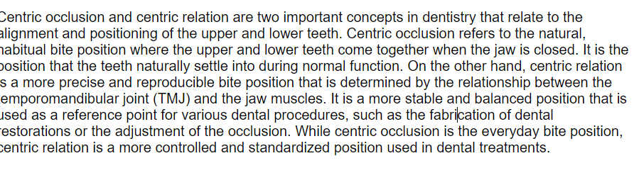 <p><strong>Centric relation</strong> - Retruded contact <strong>position</strong> RCP</p><p><strong>Centric occlusion </strong>- ICP&nbsp;- intercuspal <strong>position </strong></p>