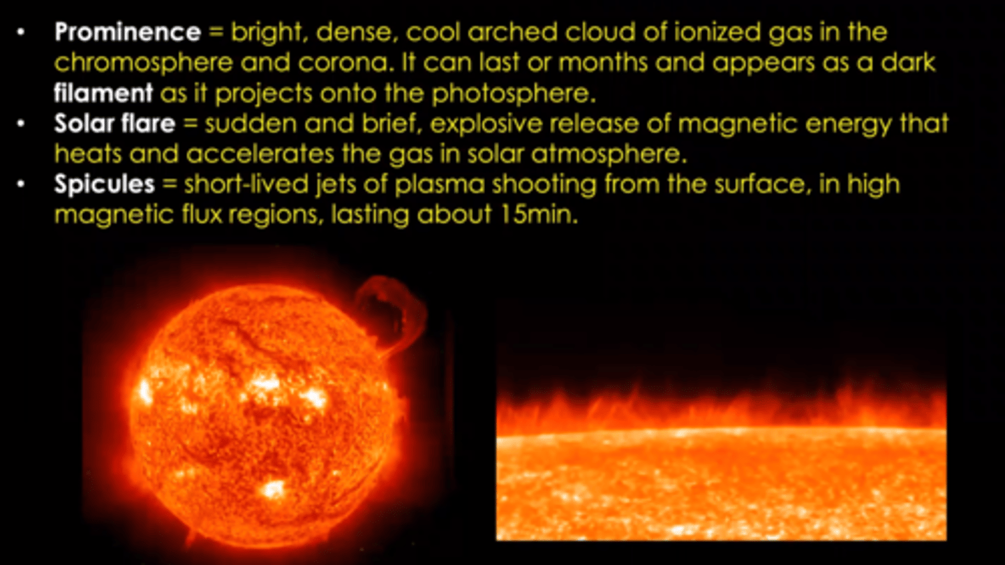 <p>These are fast-changing and rising columns of gas or plasma observed in the Sun's chromosphere.<br> - Represent the dynamic activity in the Sun's atmosphere.<br>- filaments of cooler gas from the photosphere, rising up into the chromosphere<br>- Visible in H-alpha emission <br>- gives a reddish emission-line spectrum<br>- each one lasts about 5-15 minutes</p>