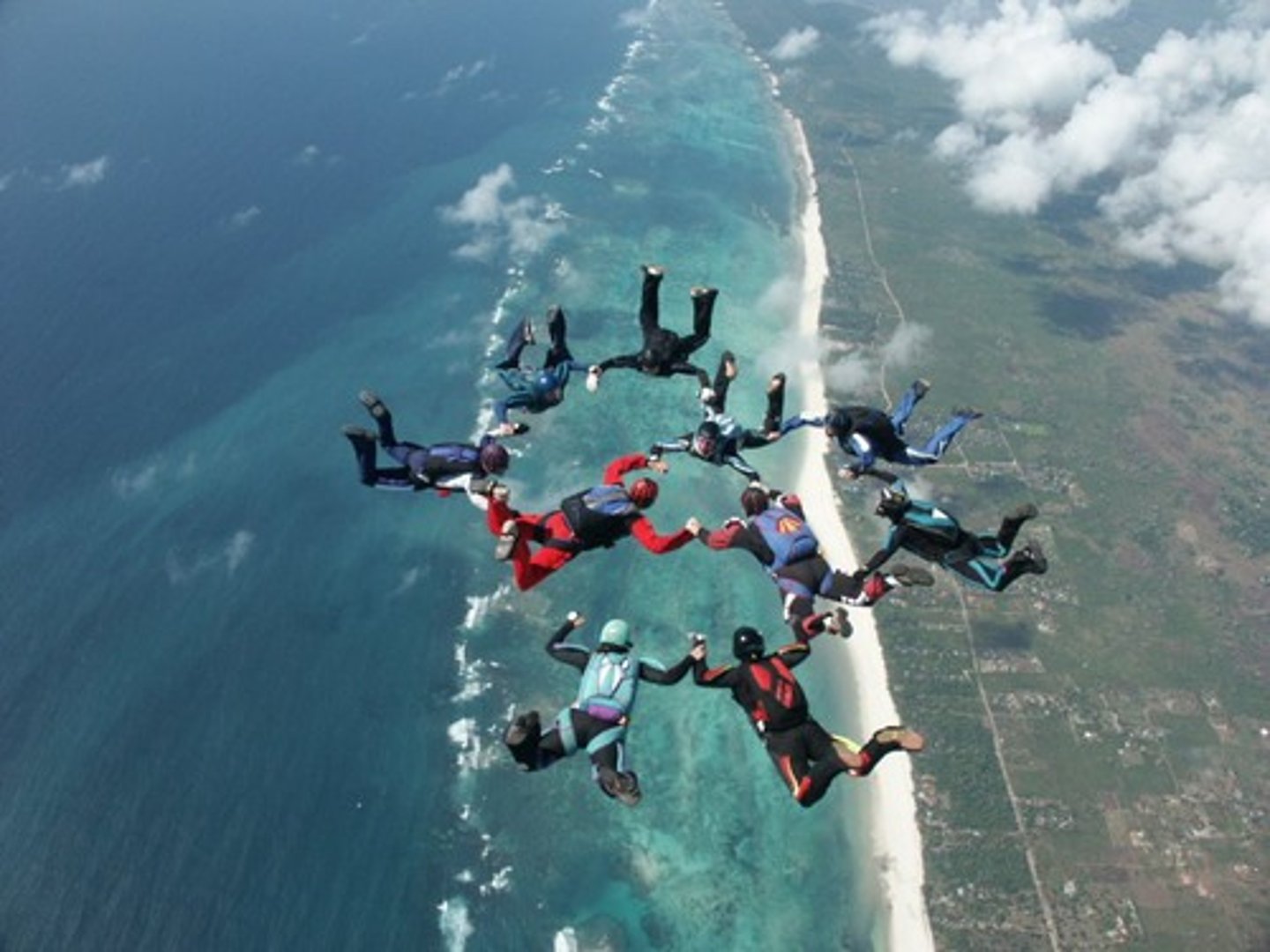 <p>imagea sport in which you jump from a plane and fall for as long as you safely can before opening your parachute</p>