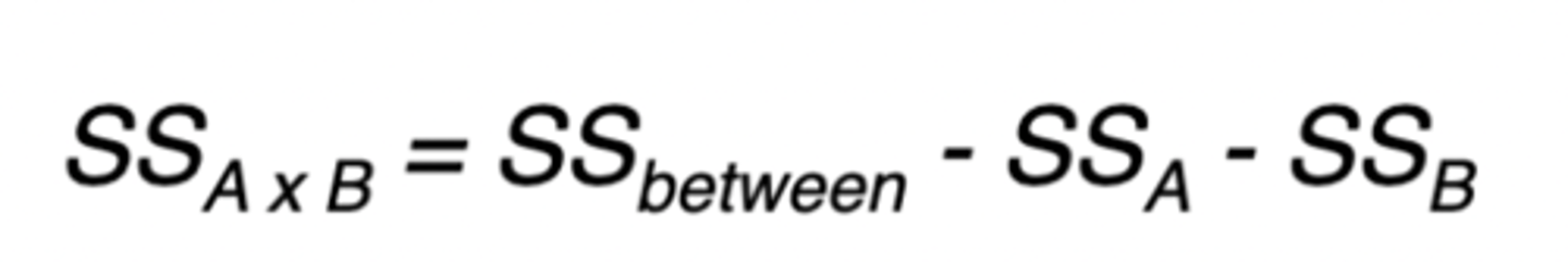 <p>-After calculating three equations (SS_M, SS_A, SS_B)</p><p>=Subtract SS_A and SS_B from SS_M</p><p>-The total amount of variability explained by the interaction between variables A and B</p>