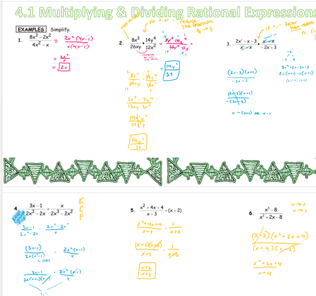 <ol><li><p>if diving use KCF to solve</p></li><li><p>factor expressions as much as possible to see if there is a couple shared between the numerator and denominator</p></li></ol>