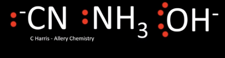 \-ammonia

\-hydroxide ions

\-cyanide ions