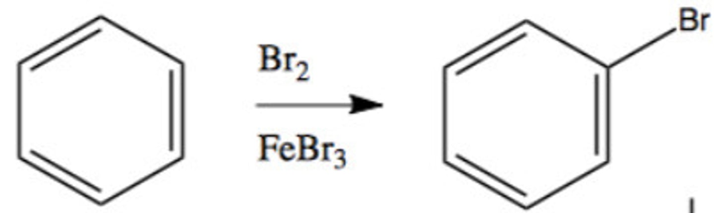 <p>rings react w/ Br or Cl in presence of Lewis Acid: FeCl3, FeBr3, AlBr3, or AlCl3</p>