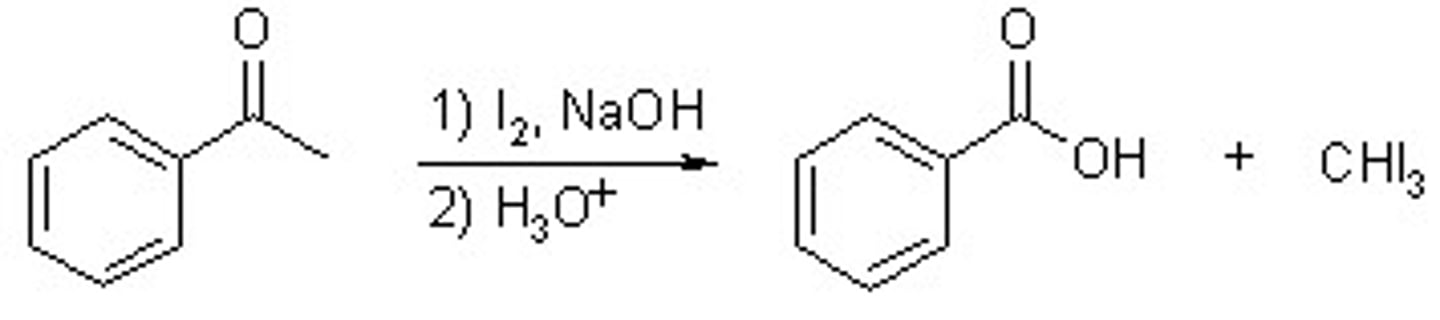<p>Haloform reaction</p><p>Carboxylate &amp; Haloform (o- &amp; CHI3)</p>