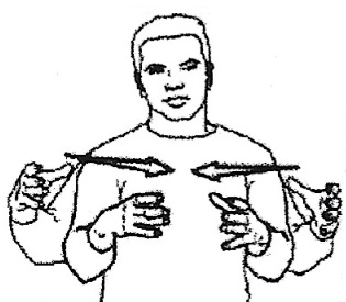 Hold both hands out at both sides with hands open and then move them together in front of your chest a few inches apart