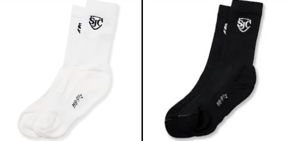 <p>white/black crew sock w logo (St. John’s College High School)</p>