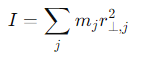 <ul><li><p>m<sub>j​</sub> =the mass of each particle</p></li><li><p> r<sub>⊥,j</sub>= the perpendicular distance to the axis of rotation.</p></li></ul><p></p>