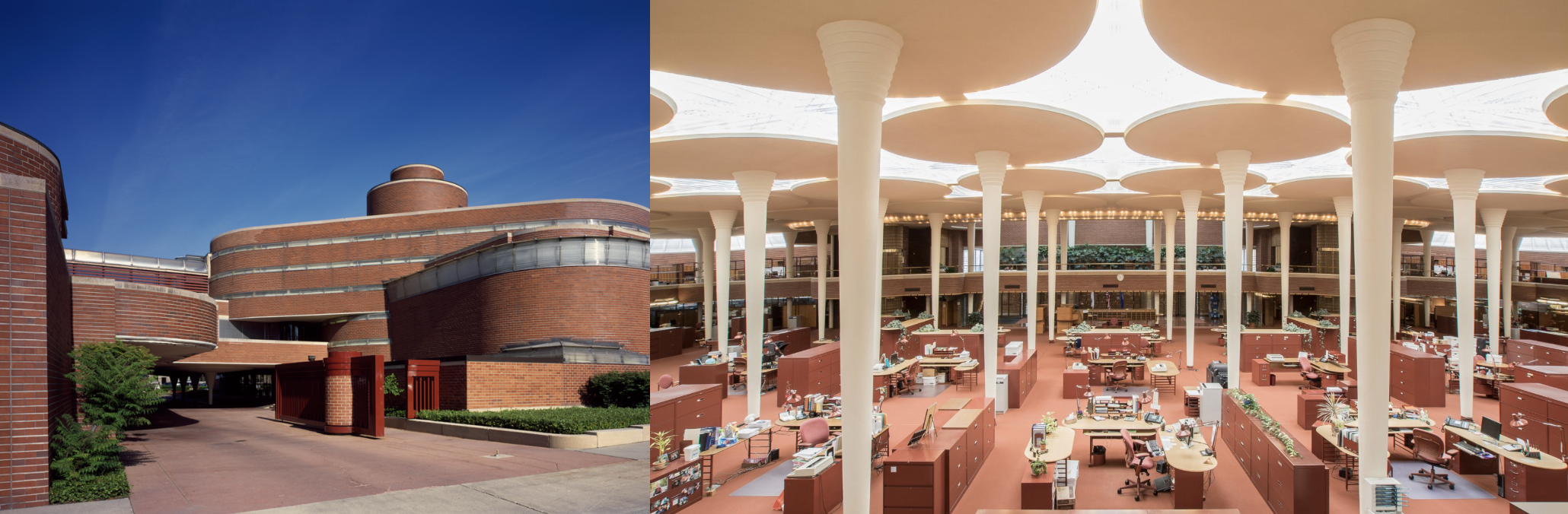 <ul><li><p>view of interior landscape</p></li><li><p>curves and horizontal lines</p><ul><li><p>horizontals emphasized</p></li></ul></li><li><p>invention of lily pad columns > supports roof and skylight</p></li></ul><p></p>