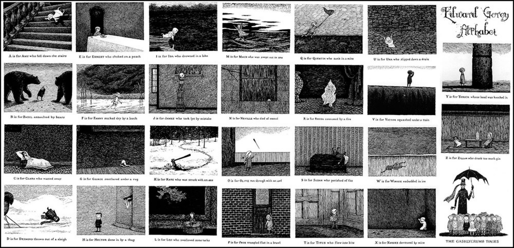 <p>Alphabet for multiple ways children can die— Who made this macabre piece?</p>