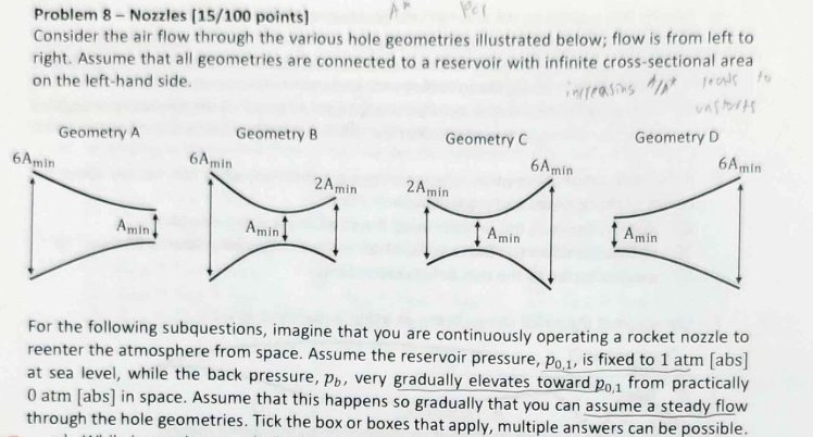 <p>while increasing pb equally slowly for each of the geometries and setting Amin equal for all geometries, which of the geometries do we expect to have drained the reservoir the <strong><u>most</u></strong> as we land at sea level?</p>