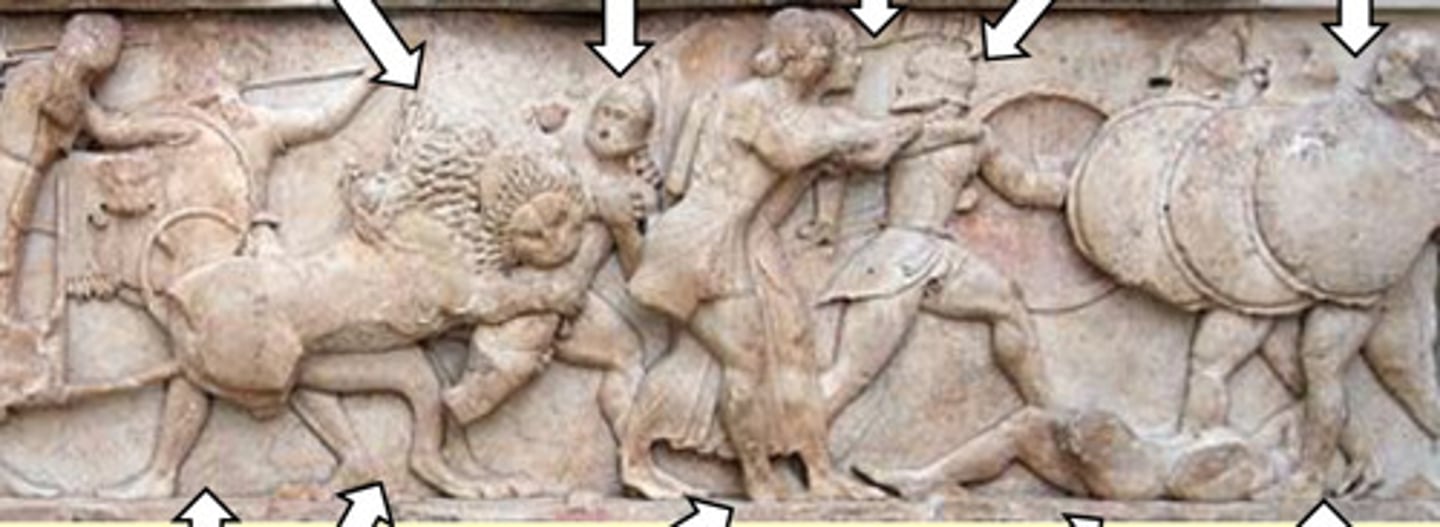 <p>-repeated patterns of the lions mane</p><p>-archaic smiles on a giant and Artemis</p><p>-impossible neck twist</p><p>-chunky legs</p>
