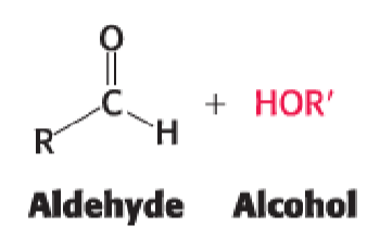 <p>aldehyde + alcohol —></p>