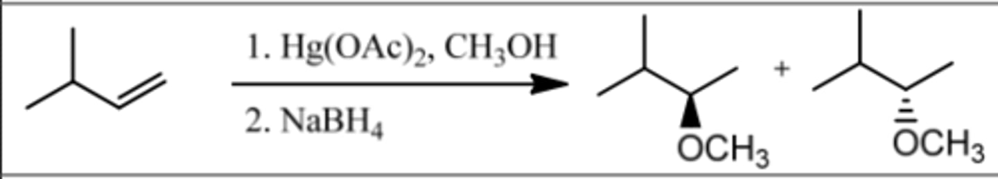 <p>Reagents: 1. Hg(OAc)₂, ROH</p><p>2. NaBH₄</p><p>What's Added: H⁺ &amp; OR⁻</p><p>Regioselectivity: Markovnikov</p><p>Sterioselectivity: Anti Addition</p><p>Intermediate: Mercurinium Ion</p>