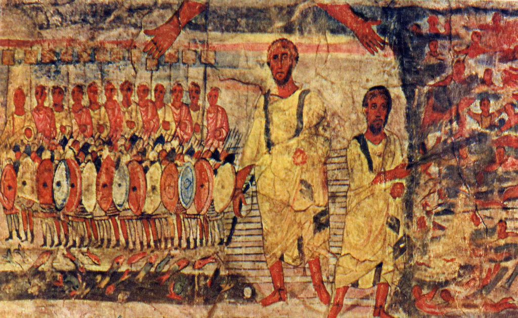 <p><strong>*Full view and detail of Moses crossing the Red Sea, Synagogue, Dura Europos, Syria, 244-245CE, Late Antique (S. 7.3,4)</strong></p>