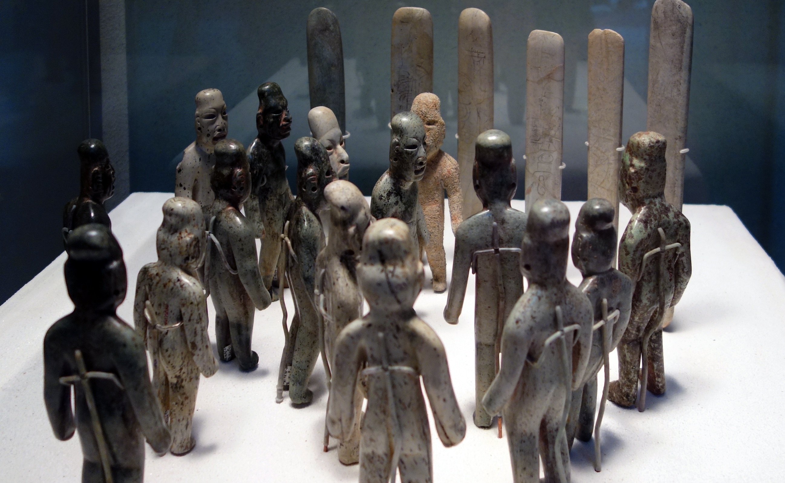 Offering 4, La Venta, Mexico, Olmec culture, 900-400 BCE, jade, greenstone, granite, and sandstone, heigh of figures 6-7”