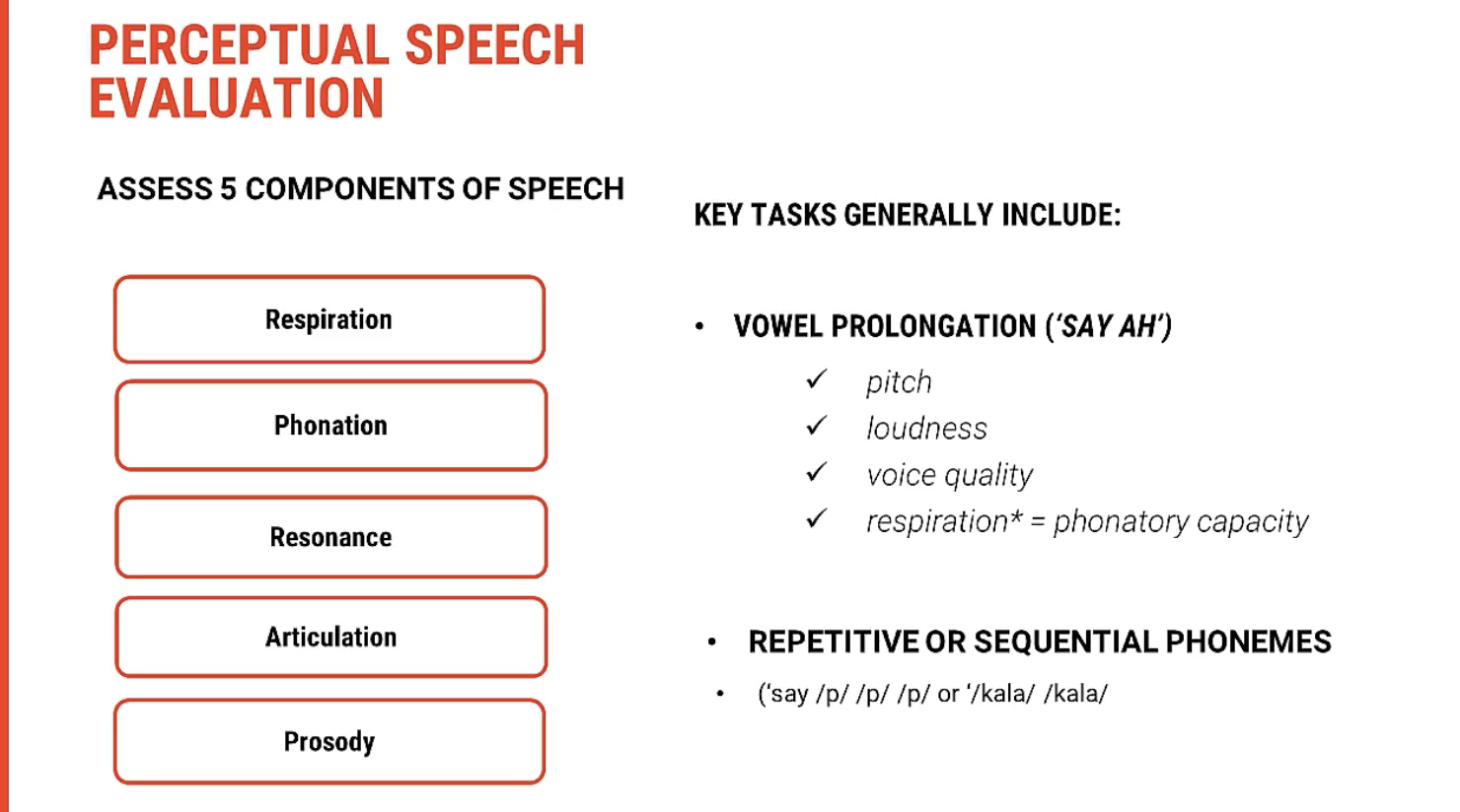 <p><span><strong>What is Perceptual Assessment?</strong></span></p><p>Perceptual assessment involves the <span><strong>systematic observation</strong></span> and <span><strong>listening</strong></span> to the client’s speech to identify <span><strong>distinctive features</strong></span> across different <span><strong>motor speech subsystems</strong></span>. These subsystems include:</p><ul><li><p><span><strong>Respiration</strong></span></p></li><li><p><span><strong>Phonation</strong></span></p></li><li><p><span><strong>Resonance</strong></span></p></li><li><p><span><strong>Articulation</strong></span></p></li></ul><p>This approach is often referred to as <span><strong>perceptual centering</strong></span>, and it's essential for evaluating the speech production system from a <span><strong>clinical perspective</strong></span>.</p><p>&nbsp;</p><p><span><strong>Primary Focus Areas in Perceptual Assessment</strong></span></p><ol type="1"><li><p><span><strong>Respiration:</strong></span></p><ul><li><p><span><strong>Breathing Patterns: Observe the client’s ability to initiate and maintain steady breath support for speech.</strong></span></p></li><li><p><span><strong>Speech-Related Breathing: Look for&nbsp;shallow breathing&nbsp;or&nbsp;shortness of breath, which could affect speech duration and clarity.</strong></span></p></li></ul></li></ol><p>&nbsp;</p><ol type="1"><li><p><span><strong>Phonation:</strong></span></p><ul><li><p><span><strong>Voice Quality: Listen for abnormalities in the&nbsp;pitch,&nbsp;loudness, and&nbsp;quality&nbsp;of the voice.</strong></span></p></li><li><p><span><strong>Harshness or Breathiness: These could signal issues with the&nbsp;larynx&nbsp;(vocal fold dysfunction).</strong></span></p></li><li><p><span><strong>Monotony: In&nbsp;hypokinetic dysarthria, clients might exhibit a&nbsp;flat, monotone voice.</strong></span></p></li></ul></li></ol><p>&nbsp;</p><ol type="1"><li><p><span><strong>Resonance:</strong></span></p><ul><li><p><span><strong>Hypernasality or Hyponasality: Evaluate whether there is excessive nasality in the voice, often associated with&nbsp;velopharyngeal insufficiency.</strong></span></p></li><li><p><span><strong>Normal Resonance: Ensure that the voice is resonating in the correct oral and nasal cavities.</strong></span></p></li></ul></li></ol><p>&nbsp;</p><ol type="1"><li><p><span><strong>Articulation:</strong></span></p><ul><li><p><span><strong>Precision of Speech Sounds: Listen for&nbsp;clear&nbsp;and&nbsp;precise articulation&nbsp;of consonants and vowels.</strong></span></p></li><li><p><span><strong>Slurred or Imprecise Speech:&nbsp;Ataxic dysarthria&nbsp;might cause a&nbsp;lack of coordination&nbsp;in articulation.</strong></span></p></li></ul></li></ol><p>&nbsp;</p><p><span><strong>How Perceptual Assessment Works</strong></span></p><p>During the perceptual assessment, clinicians will typically listen to the client's speech, observing key aspects of speech production across the subsystems. <span><strong>Speech tasks</strong></span> (e.g., reading passages, repeating sentences) help identify areas of impairment. By <span><strong>listening</strong></span> and <span><strong>observing</strong></span>, clinicians can gather <span><strong>qualitative data</strong></span> on:</p><ul><li><p><span><strong>Speech patterns</strong></span></p></li><li><p><span><strong>Motor function</strong>&nbsp;(movement and coordination)</span></p></li><li><p><span><strong>Impairments in speech subsystems</strong></span></p></li></ul><p>&nbsp;</p><p><span><strong>Key Takeaway</strong></span></p><p>Perceptual assessment is a vital tool in understanding a client’s speech and motor speech subsystems. By evaluating features like <span><strong>breathing</strong></span>, <span><strong>phonation</strong></span>, <span><strong>resonance</strong></span>, and <span><strong>articulation</strong></span>, clinicians can <span><strong>diagnose</strong></span> dysarthria more effectively. This <span><strong>listening and observing</strong></span> process provides <span><strong>clinically valuable insights</strong></span> into the <span><strong>neuromuscular function</strong></span> underlying speech production.</p>