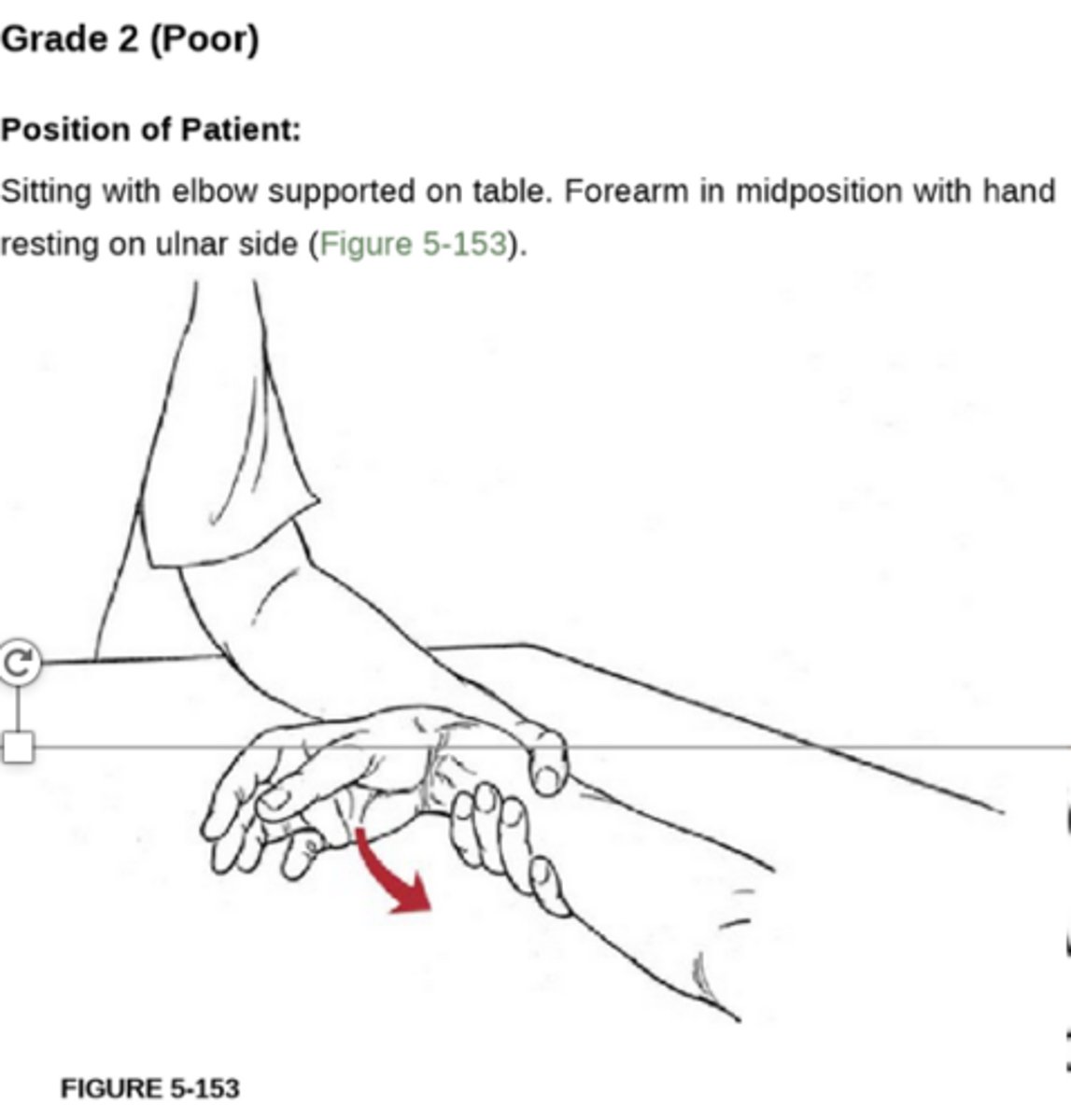<p>Patient Position: Sitting with forearm in thumb up position and ulnar forearm and hand resting on tabletop</p><p>Palpation: FCR &amp; FCU at volar wrist</p><p>Compensations: Elbow flexion &amp; finger flexion</p>