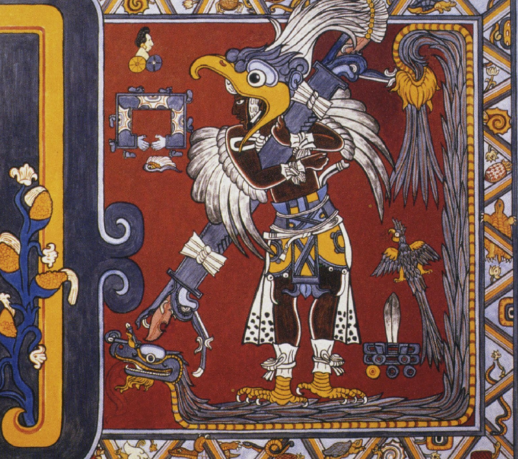 <p><span>Figure standing on feathered serpent, renewed interest in Quetzalcoatl</span></p>