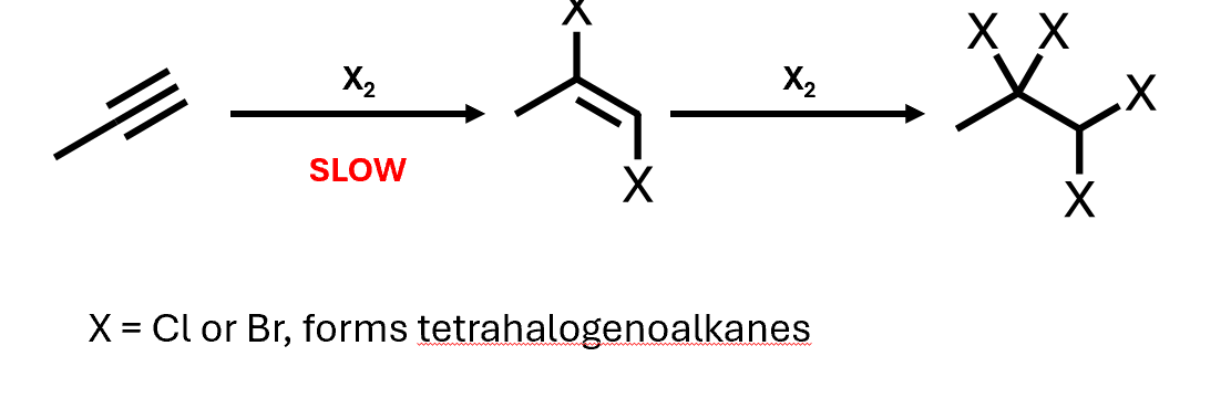 <p>Alkynes can also act as nucleophiles, and halogens can add to them</p>