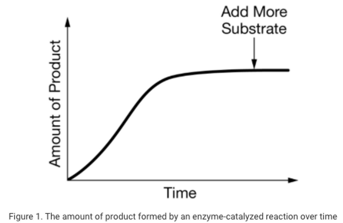 <p>In an experiment, a researcher prepares a reaction mixture by dissolving a substance in a buffered solution. The substance is the substrate of a certain enzyme. The researcher adds a small amount of the enzyme to the reaction mixture and measures the amount of product that is formed over time. The data are represented in Figure&nbsp;1.</p><p>Which of the following best predicts the immediate result of adding more substrate to the reaction mixture at the point indicated by the arrow in Figure&nbsp;1?</p>