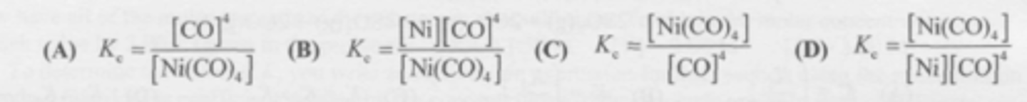 <p>What is the equilibrium expression for this reaction?</p><p>Ni(CO)4 (g) &lt;--&gt; Ni (s) + 4CO (g)</p>