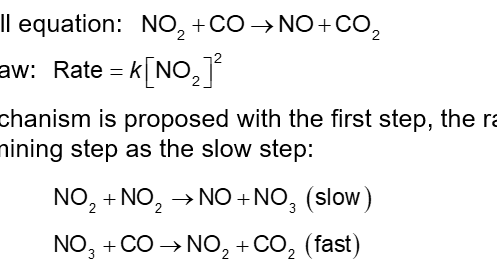 <p>Overall Equation:</p><p>Rate Law:</p><p>A mechanism is proposed with the first step, the rate determining step as the slow step:</p><p>The molecules NO<sub>3</sub> is called an intermediate: produced in the first step, used in the second step</p>