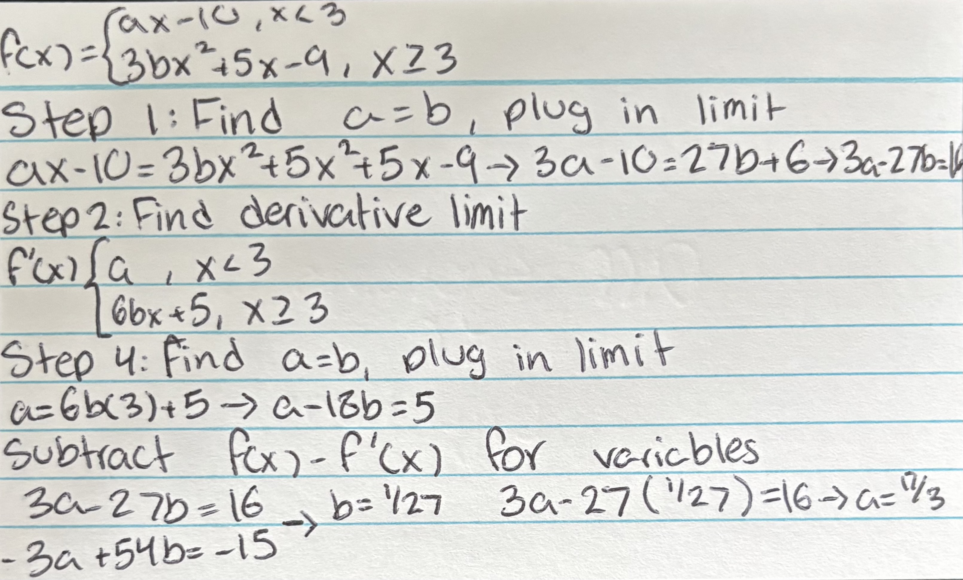 <ol><li><p>Make all sections of the limit equal each other, putting all variables onto one side</p></li><li><p>Find derivative of each limit section, make equal to each other, and put all variables to one side</p></li><li><p>Put f(x)-f′(x), solving for one variable at a time</p></li></ol><p></p>