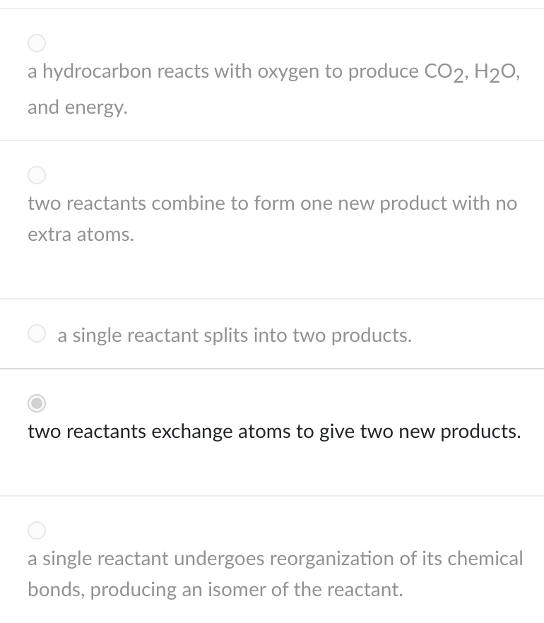 <p>&nbsp;</p><p>two reactants exchange atoms to give two new products.</p>