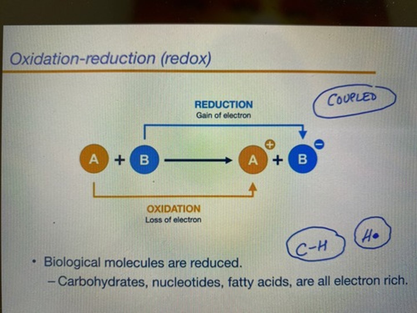 <p>-coupled reactions (always happen together at the same time)</p><p>-oxidation: loss of electrons or hydrogen (increase in oxidation state)</p><p>-reduction: gain of electrons or hydrogen (decrease of oxidation state)</p><p>-tip: an oxidizing agent (molecule) oxidize OTHER molecules, so it becomes reduced itself because it wants more electrons.</p><p>-O2 is an oxidizing agent that gets reduced into H2O (H2O is the reduced form of O2)</p>