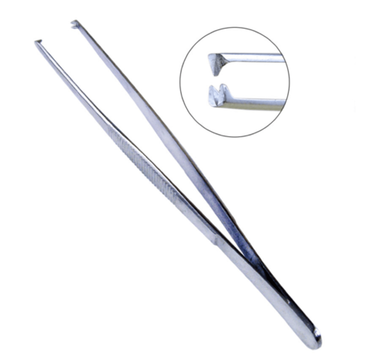 <p>- used for grasping tissue for closing would</p><p>- usually on deeper layers of tissues (hence long handle)</p><p>- 1x2 teeth</p>