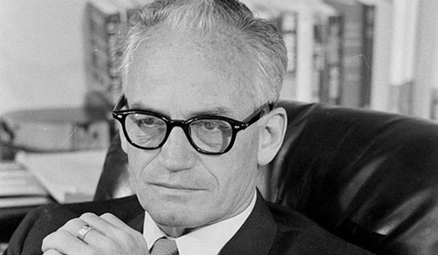 <p>1964; Republican contender against LBJ for presidency; platform included lessening federal involvement, therefore opposing Civil Rights Act of 1964; lost by largest margin in history; signifies the rise of the Conservative movement</p>