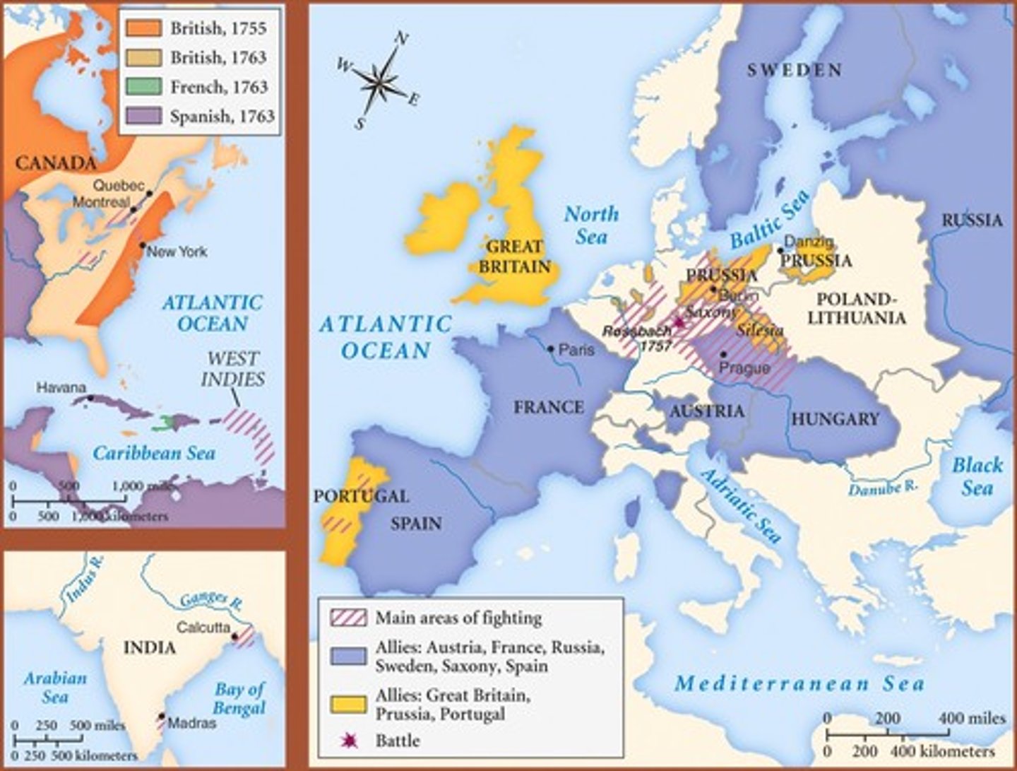 <p>A global conflict fought between 1756 and 1763. It involved every European great power of the time and spanned five continents, affecting Europe, the Americas, West Africa, India, and the Philippines. The conflict split Europe into two coalitions: one was led by the Kingdom of Great Britain and included the Kingdom of Prussia, the Kingdom of Portugal, the Electorate of Brunswick-Lüneburg, and other small German states; while the other was led by the Kingdom of France and included the Austrian-led Holy Roman Empire, the Russian Empire (until 1762), the Kingdom of Spain, and the Swedish Empire. Meanwhile, in India, some regional polities within the increasingly fragmented Mughal Empire, with the support of the French, tried to crush a British attempt to conquer Bengal.</p>