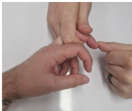 <ul><li><p>grasping the patients hand and third digit, quickly  passively flex the third distal phalanx (flick down). </p></li><li><p>Positive test: thumb and second finger flexion/flicker</p></li></ul><p></p>