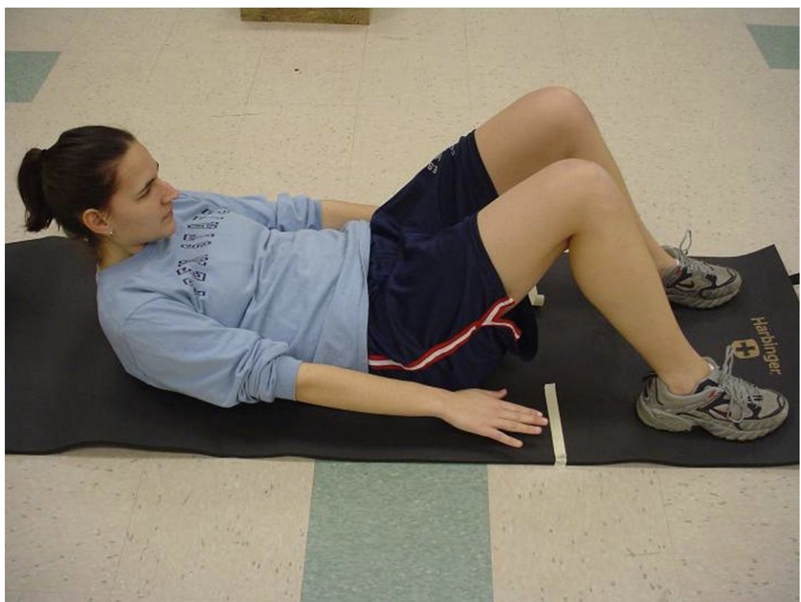 <p>1. Two strips of masking tape are to be placed on a mat on the floor at a distance of 12 cm apart (for clients/patients <45 years) or 8 cm apart (for clients/patients ≥45 years). </p><p>2. Participants are to lie in a supine position across the tape, knees bent at 90 degrees with feet on the floor and arms extended to their sides, such that their fingertips touch the nearest strip. This is the bottom position. </p><p><strong>3. To reach the top position, participants are to flex their spines to 30 degrees, reaching their hands forward until their fingers touch the second strip of tape.</strong> </p><p><strong>4. A metronome is to be set at 50 beats/min.</strong> At the first beep, the subject begins the curl-up, reaching the top position at the second beep, returning to the starting position at the third, top position at the fourth, etc.</p><p>-Repetitions are counted each time the subject reaches the bottom position. (*up and down=1)</p><p><strong>-The test is concluded either when the subject reaches 75 curl-ups, or the cadence is broken.</strong></p>