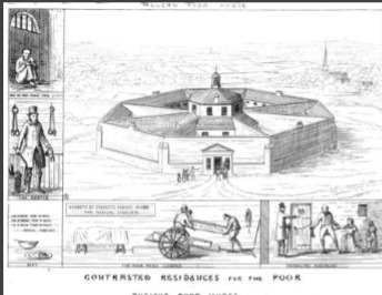 <p>Pugin, 1841, Illustrator: Thomas Deane looks back on 14th and 15th centuries and contrasting it with the modern day (medieval vs. modern).  Medieval was more moral b/c of the church, people were taken care of, got good food, and had dignified funerals. Modern people were treated as prisoners, got bad food, and their bodies were used for research after death. Argued for gothic arch because it was more moral. Modern building is a panopticon. </p>