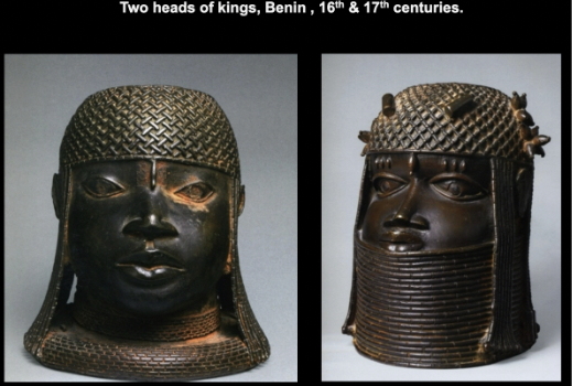 <ul><li><p><span style="background-color: transparent;"><span>Represents a particular, was the queen mother of a king of Benin (called an Oba) called </span><strong><span>Esigie</span></strong></span></p><ul><li><p><span style="background-color: transparent;"><span>There is still an Oba in Benin - 40th ruler.</span></span></p></li></ul></li><li><p><span style="background-color: transparent;"><span>Esigie was always leaving home to go and conquer other places and fight abroad. He was able to do so because </span><u><span>he had total confidence that his mother could run the kingdom → she was someone who was extraordinary and an exceptional ruler of a very commercially thriving kingdom</span></u></span></p><ul><li><p><span style="background-color: transparent;"><span>Worthy of artwork</span></span></p></li></ul></li><li><p><strong><em><u>Context: </u></em></strong><span style="background-color: transparent;"><span>The Kingdom of Benin was involved in the lucrative trade of many sorts, including with Europeans (Dutch)</span></span></p></li><li><p><span style="background-color: transparent;"><strong><em><u><span>Significance: </span></u></em></strong><span>If you take heads of kings of Benin and line them up chronologically → you will see portraits get more and more abstract rather than realistic.</span></span></p><ul><li><p><span style="background-color: transparent;"><span>Gets rid of the idea that realism is something that is cumulatively acquired</span></span></p></li><li><p><span style="background-color: transparent;"><span>Entire people - not just artists - decide where they want the line between realism and abstraction to be</span></span></p></li></ul></li><li><p><strong><em><u>Details:</u></em></strong> <span style="background-color: transparent;"><span>Queen Idia has this rough around her neck and a crown that symbolizes the mudfish, that indicate she can oscillate between 2 realms.</span></span></p></li><li><p><span style="background-color: transparent;"><span>The mudfish are tussling with European traders</span></span></p><ul><li><p><span style="background-color: transparent;"><span>Represents what the queen was doing when her son was at war</span></span></p></li></ul></li><li><p><span style="background-color: transparent;"><span>Showing how she controls the land &amp; sea &amp; economy → </span><strong><span>THE ULTIMATE RULER</span></strong></span></p></li></ul><ul><li><p><span style="background-color: transparent;"><strong><span>Crown is surrounding her head as a ring of power, </span></strong><span>which is why this recognizable queen is acknowledged to wield</span></span></p></li><li><p><span style="background-color: transparent;"><strong><span>Compared to Portrait of Savannah Essah: </span></strong><span>play between abstraction and realism to make them both work</span></span></p><ul><li><p><span style="background-color: transparent;"><span>A way to demonstrate mastery</span></span></p></li></ul></li></ul><p></p>