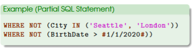 <ul><li><p>to negate something or get something opposite</p></li><li><p>example: we have a table of 100 rows and if a generic condition A gives us 20 rows, then NOT A will give us the rest of the table (e.g., 80 rows)</p></li><li><p>in some cases, the operator NOT may be combined with other operators</p><ul><li><p>NOT IN</p></li><li><p>NOT BETWEEN … AND</p></li></ul></li><li><p>City NOT IN (‘Seattle’, ‘London’) works just as well as NOT (City IN (‘Seattle’, ‘London’))</p></li></ul><p></p>