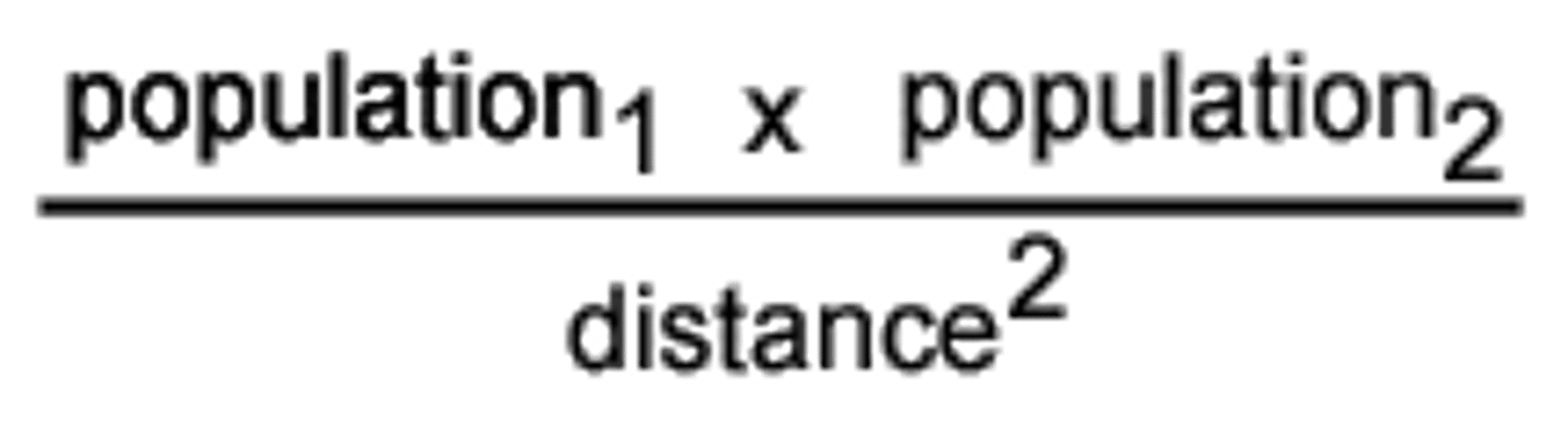 <p>A fraction that predicts the interaction between places on the basis of their population size and distance between them (Population 1 x Population 2 ÷ Distance) The greatest distance will have the least spatial interaction.</p>