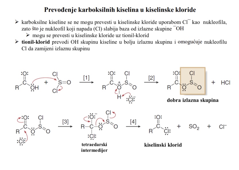 <p>Tionil-klorid SOCl2</p><ul><li><p>Prevodi OH skupinu kiseline u bolju izlaznu skupinu i omogucuje nukleofilu Cl da zamijeni izlaznu skupinu</p></li></ul><p></p>