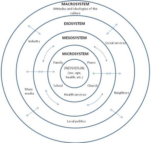 <p>Urie Bronfenbrenner’s theory stressing the importance of studying a child in the context of multiple environments, organized into five levels of external influence: microsystem, mesosystem, exosystem, macrosystem, and chronosystem</p>
