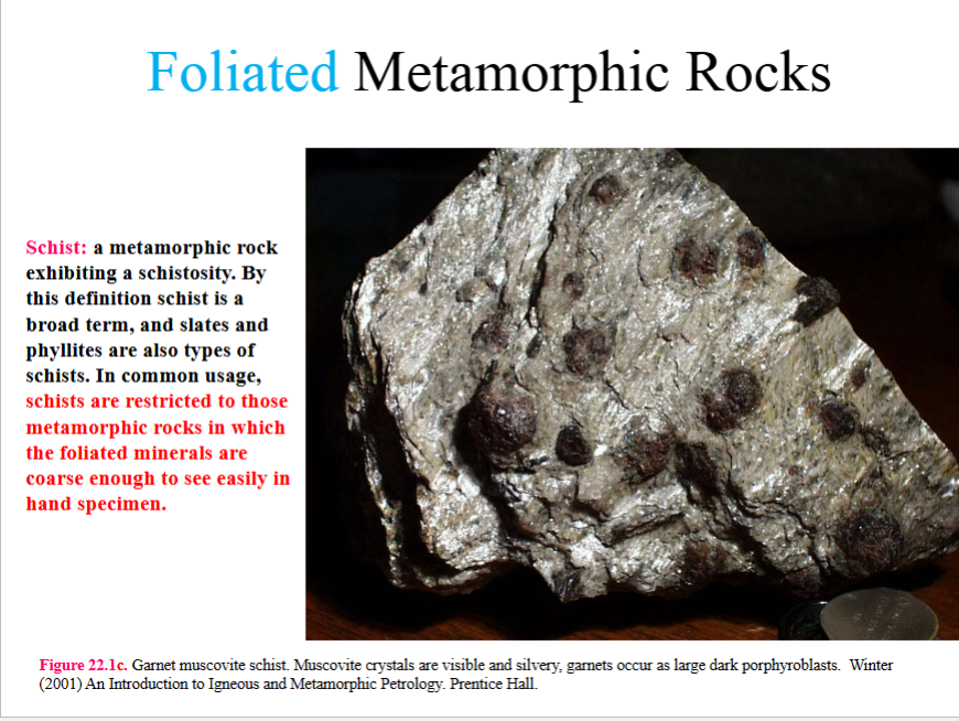 <ul><li><p>a preferred orientation of inequaint mineral grains or grain aggregates produced by metamorphic processes</p></li><li><p>aligned minerals are course grained enough to see with unaided eye</p></li><li><p>the orientation is generally planar, but linear orientations are not excluded</p></li></ul><p></p>