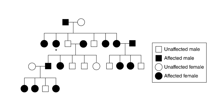 <p>Figure 1. Incidence of protoporphyria in a particular family</p><p>Protoporphyria is a genetic disorder characterized by an extreme sensitivity to sunlight. One form of protoporphyria is caused by a mutation in the 𝐴𝐿𝐴𝑆2 gene that results in the accumulation of protoporphyrin, an organic compound, in the blood, liver, and skin. The pedigree in Figure 1 shows the incidence of protoporphyria in a particular family.</p><p><strong><u><span>Which of the following best describes the genotype of the individual identified with an asterisk in the pedigree in Figure 1 ?</span></u></strong></p><ul><li><p><strong>A: </strong>Two dominant 𝐴𝐿𝐴𝑆2 alleles</p><p></p></li><li><p><strong>B: </strong>Two recessive 𝐴𝐿𝐴𝑆2 alleles</p><p></p></li><li><p><strong>C: </strong>One dominant 𝐴𝐿𝐴𝑆2 allele and one recessive 𝐴𝐿𝐴𝑆2 allele</p><p></p></li><li><p><strong>D: </strong>One recessive 𝐴𝐿𝐴𝑆2 allele and no second allele for the 𝐴𝐿𝐴𝑆2 gene</p></li></ul>