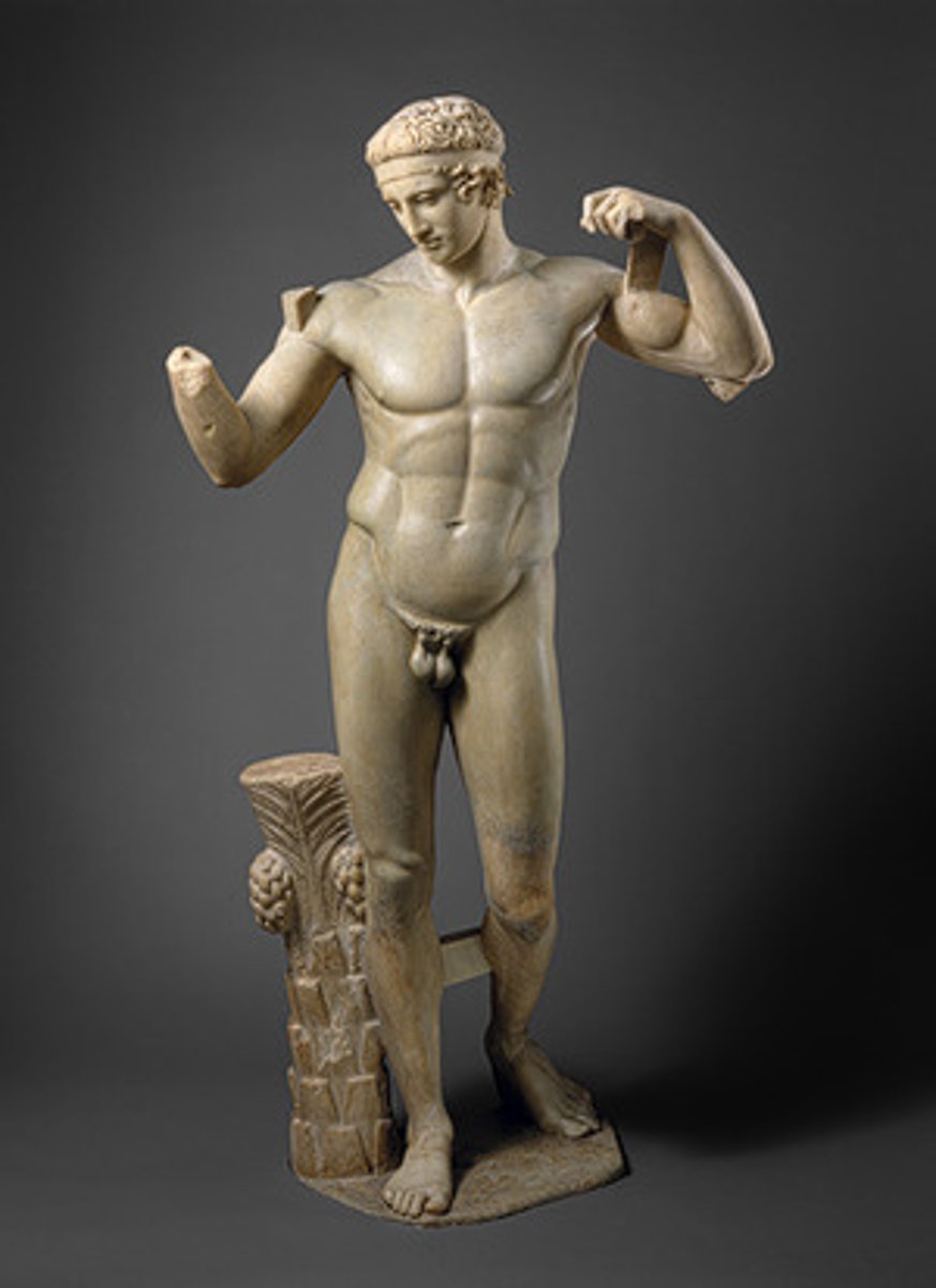<p>The fillet binder; it forms a basic pattern of Ancient Greek sculpture that all present strictly idealized representations of young male athletes in a convincingly naturalistic manner.</p>