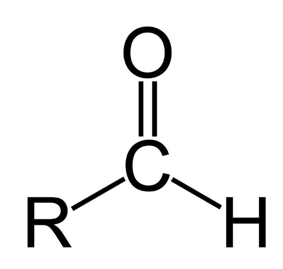 <p>Carbon is bonded to one Hydrogen, double bonded to one Oxygen and is connected to one other chain</p>
