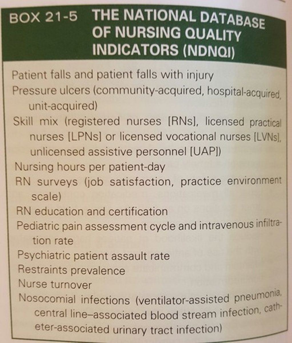 <p>Outcomes of nursing care, identified by the American Nurses Association, that address patient safety and quality of care</p>