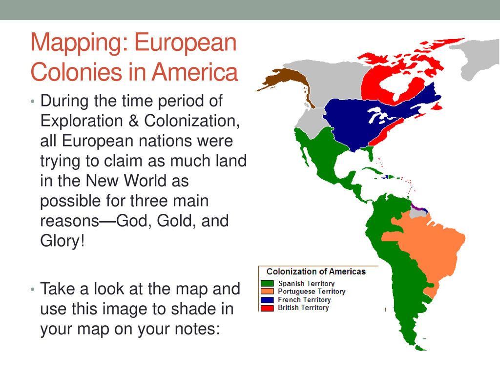 <p>French in Canada and Louisiana, Spanish in Mexico, California, Florida, South America, Dutch in New York, English in the Thirteen Colonies and Canada</p>